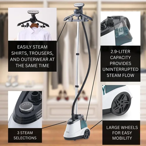 Vista 2 de True & Tidy® Vaporizador profesional para ropa comercial con tanque de agua extra grande de 3 litros (101 onzas), resistente con 3 ajustes de vapor