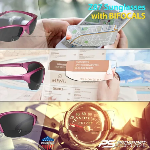 Vista 4 de proSPORT Lector bifocal de seguridad para lentes de sol para hombres y mujeres ANSI Z871 lentes transparentes color marrón ahumado Marcos rosa