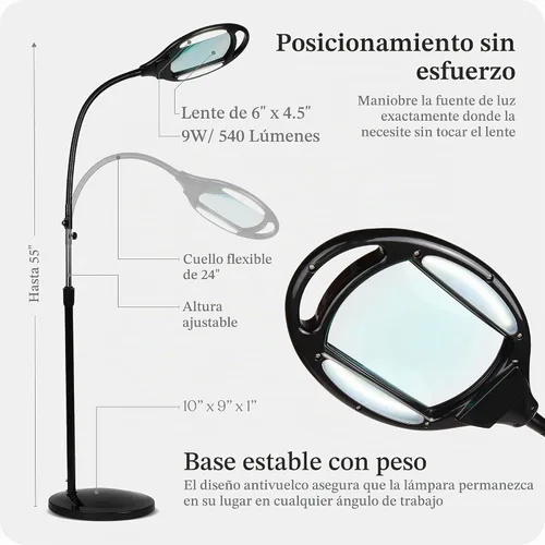 Vista 5 de Lámpara de pie LED de aumento LightView Pro, con lente de vidrio, altura ajustable y cuello de cisne. Para computadoras, lectura o manualidades