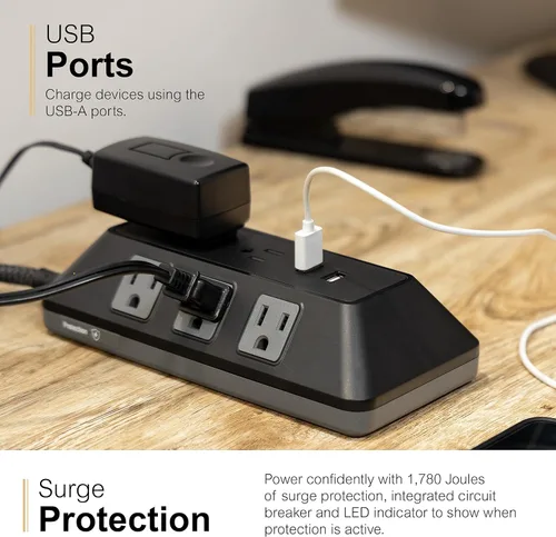 Vista 5 de GE SurGE - Tira de alimentación protectora con puertos USB, cable de extensión trenzado de 3 pies, 1780 julios, extensor de 8 tomas, 2 puertos
