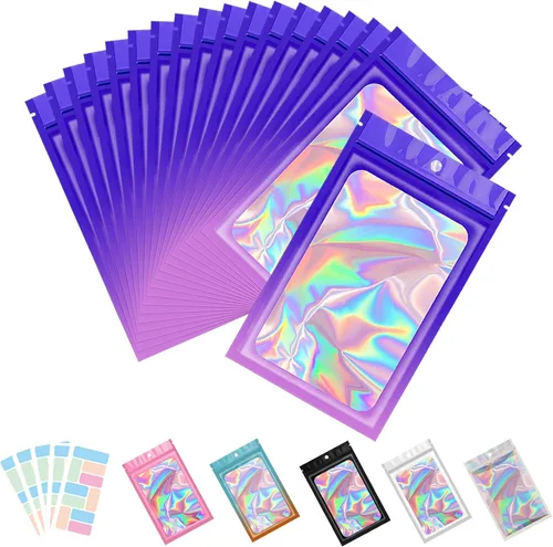 Vista 12 de Paquete de 100 bolsas de Mylar con ventana transparente, holográficas, a prueba de olores, para pequeñas empresas, bolsas resellables