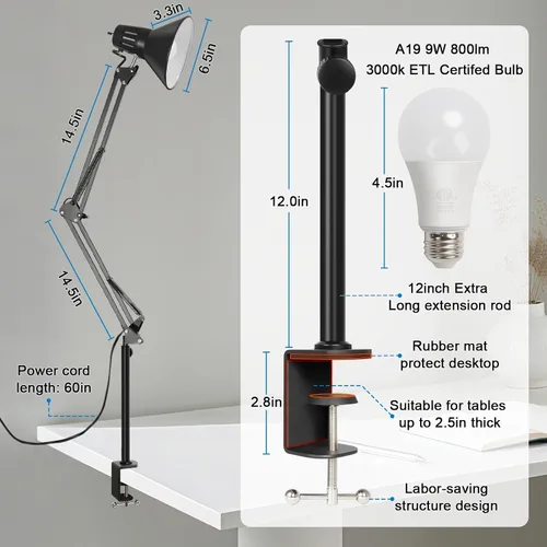 Vista 3 de Lámpara de escritorio con abrazadera LED, lámpara de escritorio con brazo oscilante ajustable de 360°, luz de abrazadera con bombilla LED que cuida