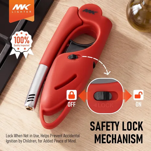 Vista 4 de MK - Encendedor largo, resistente al viento, recargable, con cuello plegable, llama ajustable, bloqueo de seguridad y ventana de combustible