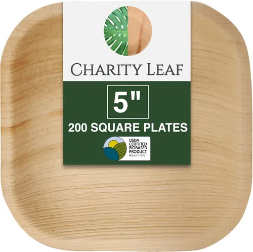 Vista 8 de Platos cuadrados desechables de 10 cm de Charity Leaf con forma de hoja de palma (50 piezas) Bandejas de servir tipo bambú, tablas desechables