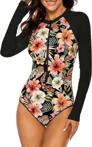 Vista 7 de SELINK Traje de baño de una pieza de manga larga para mujer, protección UV, con cremallera, estampado de surf