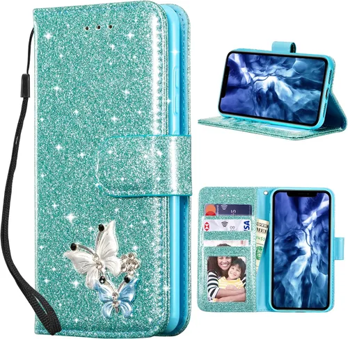 Vista 11 de UEEBAI Funda tipo cartera para iPhone 11, funda de piel sintética con purpurina para teléfono, ranuras para tarjetas, funda con función atril Negro