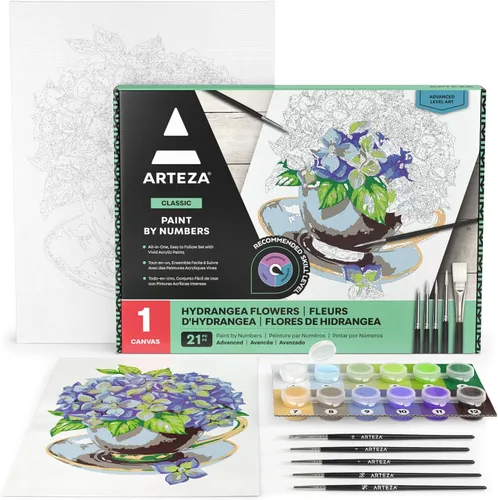 Vista 8 de Arteza Pintura por números para adultos, 12 x 16 pulgadas, 21 piezas, kit de pintura de barco por números, viene con 1 panel de lienzo, 12 macetas