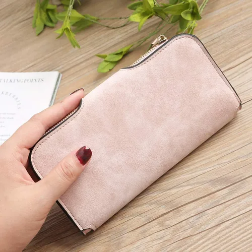 Vista 4 de KELEEL Cartera de cuero para mujer, monedero de embrague para tarjetas de crédito, soporte para monedas, plegable, Rosado, Classic