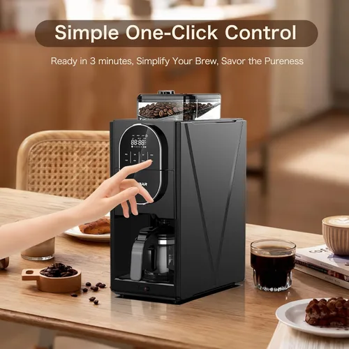 Vista 3 de Cafetera con molinillo programable para café caliente y frío con jarra de vidrio de 22 onzas, ajustable, totalmente automática, máquina de café
