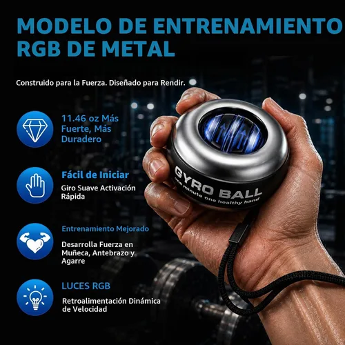 Vista 2 de Gyroball ejercitador de muñeca bola de arranque automático 5 niveles de resistencia control de luz giroscópico antebrazo entrenador brazo