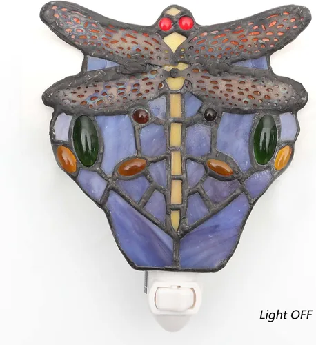 Vista 3 de Bieye L10931 - Lámpara de pared estilo Tiffany con vitral de libélula y enchufe para luz nocturna para decoración del hogar (Azul)