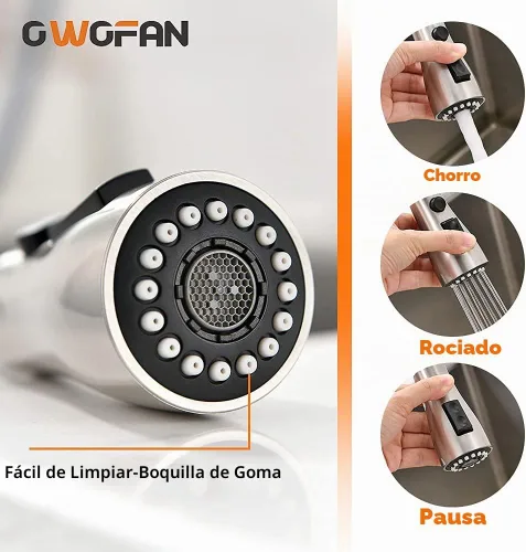 Vista 4 de Grifos de cocina de níquel cepillado con rociador extraíble Grifo de fregadero de cocina con rociador extraíble Montaje en cubierta de un solo