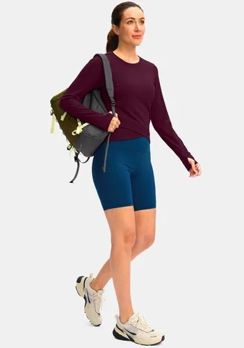 Vista 6 de SANTINY Camiseta de compresión atlética de manga larga para mujer, con dobladillo cruzado, para correr, gimnasio, yoga, con agujero para el pulgar
