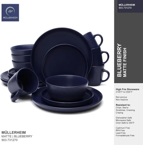 Vista 4 de MÜLLERHEIM 903 Minimalist Collection - Juego de vajilla de cerámica contemporánea de 16 piezas para 4, platos y cuencos de arándanos, juego