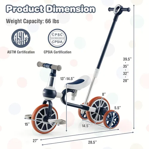 Vista 6 de BABY JOY Triciclo 4 en 1 para niños de 2 a 4 años, triciclo de equilibrio para niños con asiento ajustable y mango de empuje, pedales extraíbles