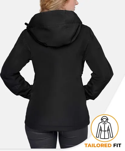 Vista 2 de Foxelli Chaqueta de senderismo impermeable para mujer, abrigo cálido con forro polar resistente al viento, chaqueta de lluvia con capucha Negro