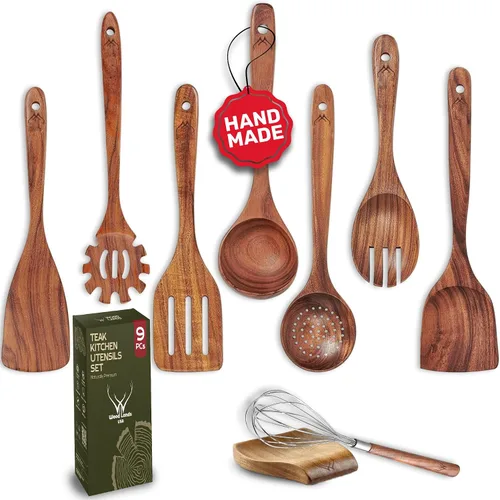 Vista 12 de Cuchara de madera de teca de mango largo de 12 pulgadas para cocinar con soporte de cuchara grande de teca, cucharas de madera de primera calidad