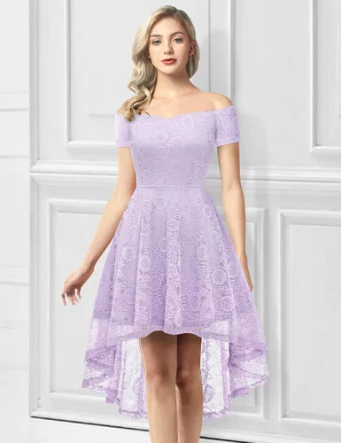 Vista 7 de Dressystar Vestido de patinadora de cóctel de manga corta con hombros descubiertos para mujer, vestido de encaje floral acampanado para fiesta