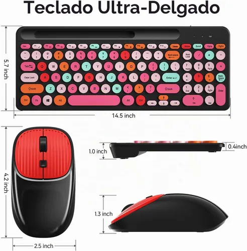 Vista 5 de Combo de teclado y mouse inalámbricos estilo máquina de escribir retro con teclas redondas, teclado inalámbrico USB compacto de 2.4GHz bonito