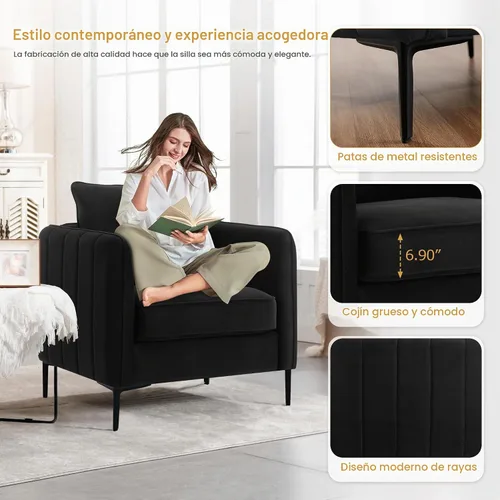 Vista 4 de Sillas de Acento de Terciopelo Negro para Sala de Estar, Silla de Acento Moderna Tapizada Cómodo Sillón de Terciopelo con Cojín Grueso y Marco
