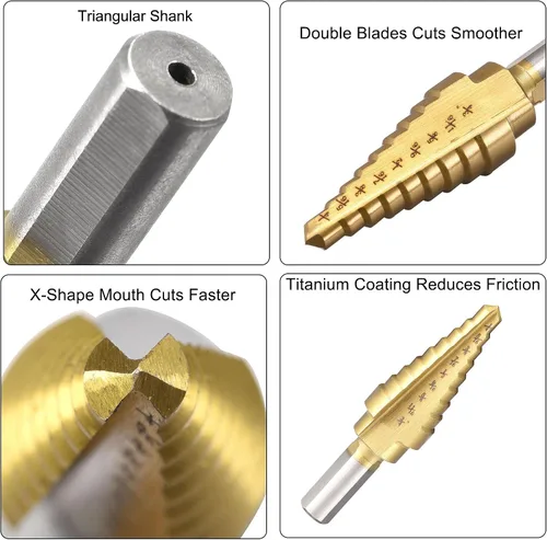 Vista 3 de uxcell Broca escalonada HSS4241 1/4" a 3/4" 9 tamaños flautas rectas vástago triangular para metal madera plástico