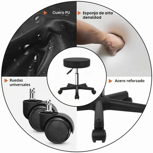 Vista 5 de KKTONER Taburete redondo con ruedas de cuero PU ajustable giratorio de trabajo de dibujo SPA Taburetes de salón Silla con ruedas Negro