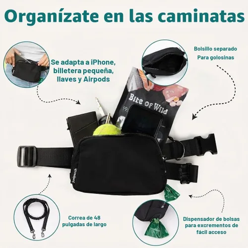 Vista 5 de Correa de perro manos libres con bolsa de golosinas para perros, correa de cintura elegante y moderna para pasear al perro, para llevar en la Negro