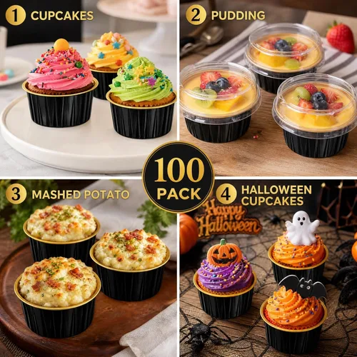 Vista 4 de 100 tazas de papel de aluminio para hornear con tapas, forros desechables de 5 onzas para cupcakes, soporte para moldes de tarta de tarta