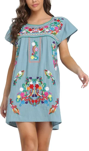 Vista 41 de YZXDORWJ Vestido bordado mexicano de manga corta para mujer 222BK
