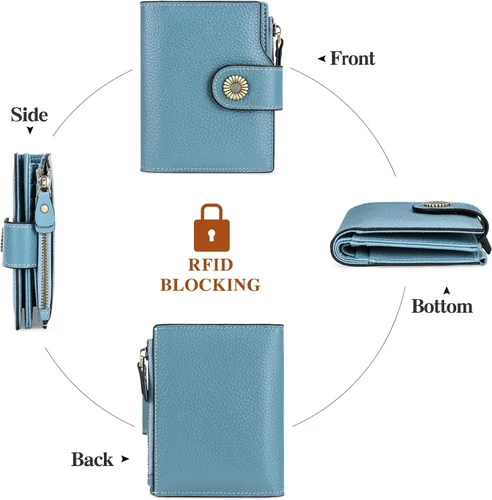 Vista 4 de FALAN MULE Cartera pequeña para mujer, de piel auténtica, plegable, compacta, con bloqueo RFID, pequeña cartera para mujer, AA-Azul claro, Moda