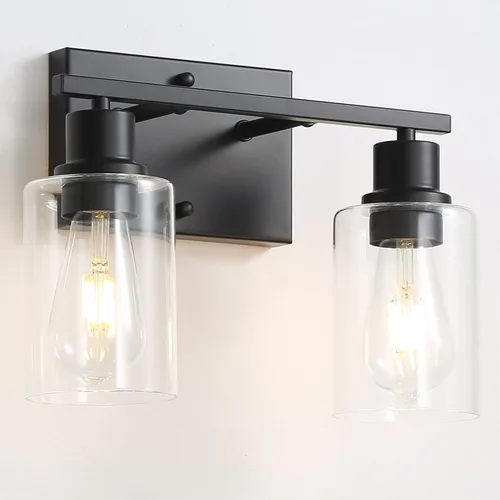 Vista 10 de [Usado] Accesorios de luz para tocador de baño, 1 luz de baño color negro mate, apliques de pared con pantalla de vidrio transparente para pasillo