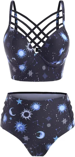 Vista 5 de JMSUN Bikini de verano para mujer, traje de baño de sol, estrella, luna, celosía, cintura alta, tankini traje de baño Negro
