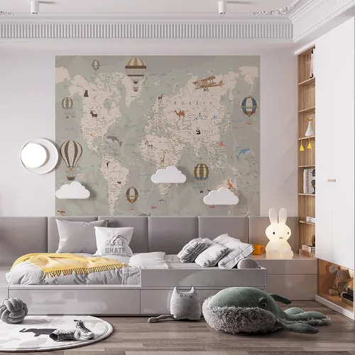 Vista 6 de Papel tapiz de mapa del mundo para niños con animales, calcomanías educativas para despegar y pegar, murales de guardería para bebés, niños