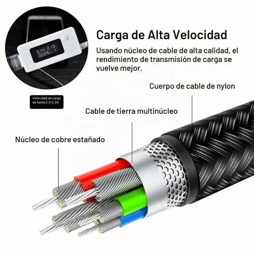 Vista 5 de USAMS - Paquete de 2 cables de carga múltiple de nailon trenzado, 4 pies, 4 en 1, cable de carga USB con teléfono/tipo C/conector micro USB