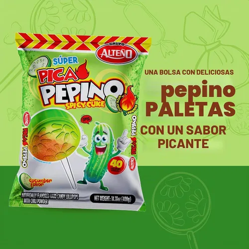 Vista 3 de Alteño (Alteno) Paletas de chile con pepino Super Pepino, dulces picantes estilo mexicano, envueltas individualmente, 40