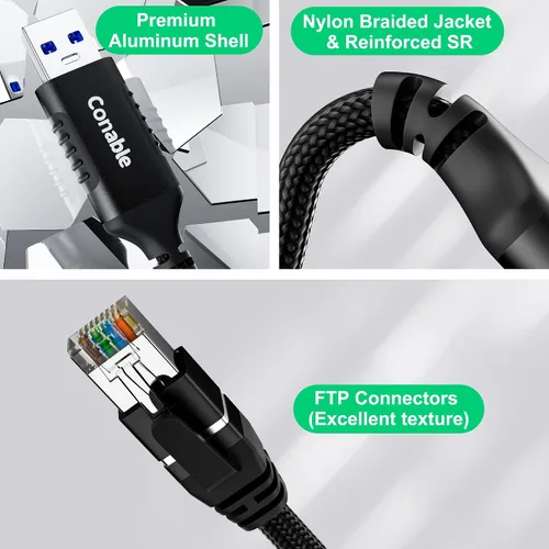 Vista 5 de Cable USB a Ethernet de 1 pie, cable USB 3.0 tipo A a RJ45, adaptador USB a red de Internet LAN, Gigabit, conectado directamente, aluminio