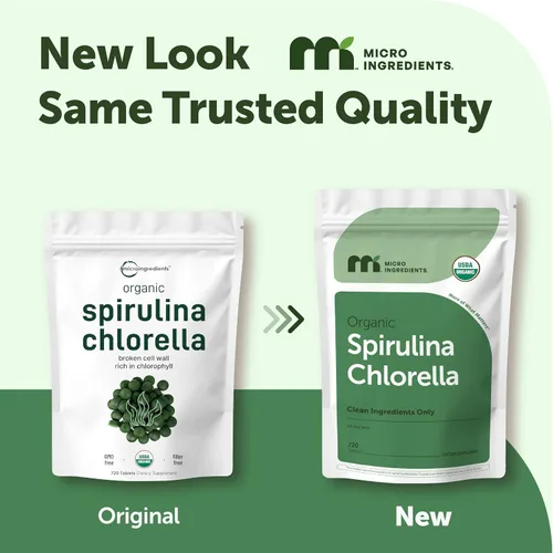 Vista 2 de Tabletas de espirulina de Chlorella orgánica, 3000 mg por porción, 720 unidades, suministro de 4 meses, superalimento de mezcla 50/50, sin relleno