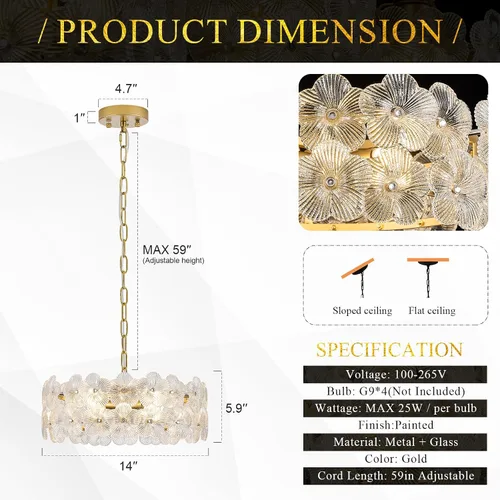 Vista 3 de Lámpara de cristal transparente de flores de 14 "4 luces de oro Dorado