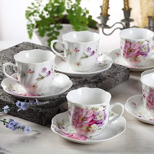 Vista 7 de GuangYang Juego de 6 tazas de té y platillos de porcelana de 7 onzas, diseño floral rosa, elegante juego de regalo para amantes del té, café