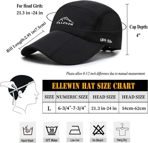 Vista 64 de ELLEWIN Gorra de béisbol unisex UPF 50 sin estructura, con pico grande y plegable