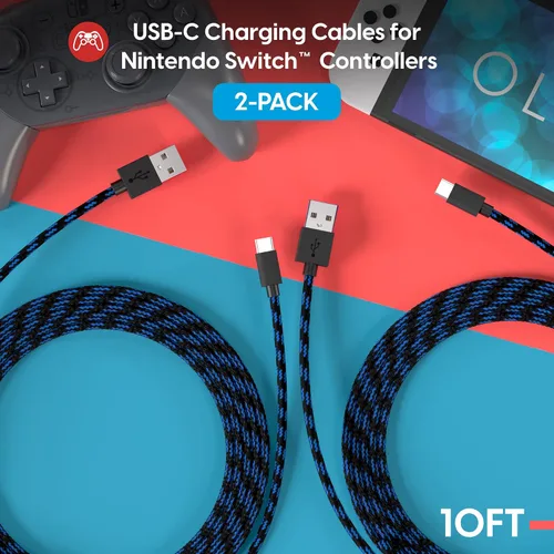 Vista 2 de TALK WORKS USB-C Charger Cables for Nintendo SwitchLite + Switch OLED & Pro Controller - 10ft Long Nylon Durable Braided USB Type C Charging Cable