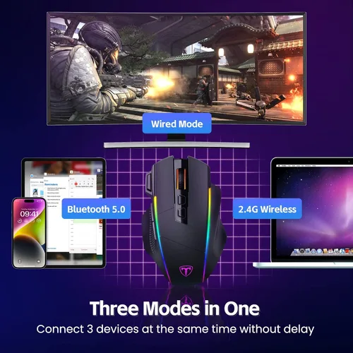 Vista 2 de RisoPhy Ratón inalámbrico para juegos, triple modo 2.4GUSB-CBluetooth hasta 10000DPI, retroiluminación Chroma RGB, mouse ergonómico con 8 botones