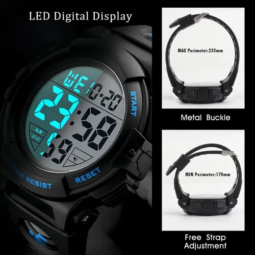 Vista 5 de Reloj deportivo digital para hombre, resistente al agua, pantalla LED, esfera grande, relojes militares para hombres, reloj militar