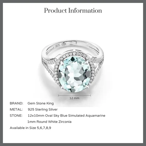 Vista 5 de Gem Stone King Anillo de compromiso de plata de ley 925 con aguamarina simulada azul cielo para mujer