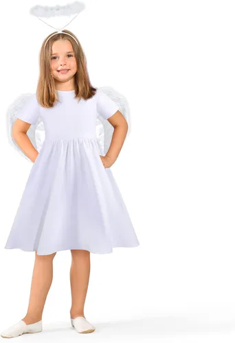 Vista 6 de Juego de 3 disfraces de ángel para niños y niñas, vestido de hada, alas de plumas de ángel y halo para fiesta de cumpleaños de Halloween, Blanco