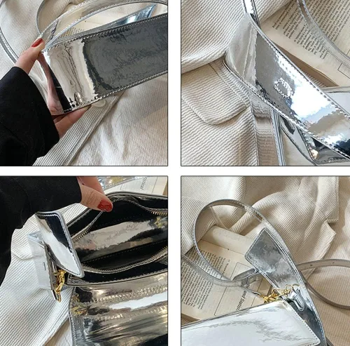 Vista 5 de Bolso Hobo para mujer, bolso de hombro de piel sintética, bolso brillante para axilas, bolso con asa superior, bolsos pequeños