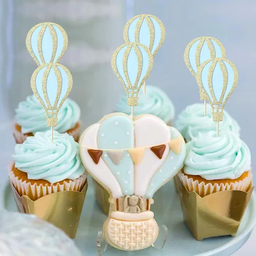 Vista 4 de 12 decoraciones para cupcakes de globo aerostático – Decoración para cupcakes con purpurina, decoración de baby shower, suministros de fiesta