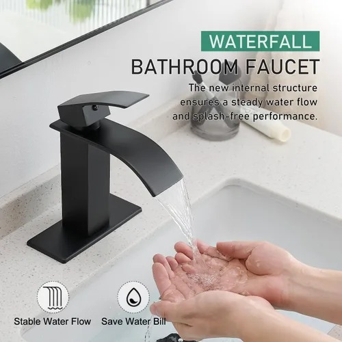 Vista 2 de VOTON Grifos de Baño Negros Modernos de Cascada para Lavabo de Baño Grifo de Baño Negro Mate de Una Sola Manija para 1 o 3 Agujeros con Placa