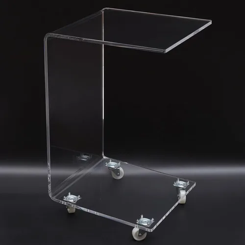 Vista 5 de Mesa auxiliar de sofá transparente en forma de C de acrílico Mesa auxiliar Mesa de café transparente con ruedas