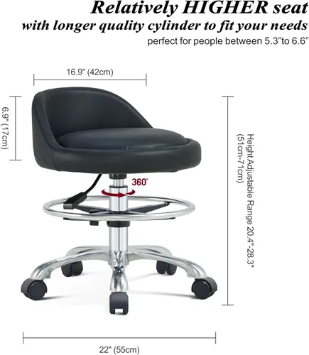Vista 2 de Taburete Rolling Shop con soporte de espalda, taburete ajustable en altura con ruedas, resistente para salón, spa, tatuaje, esteticista y cocina
